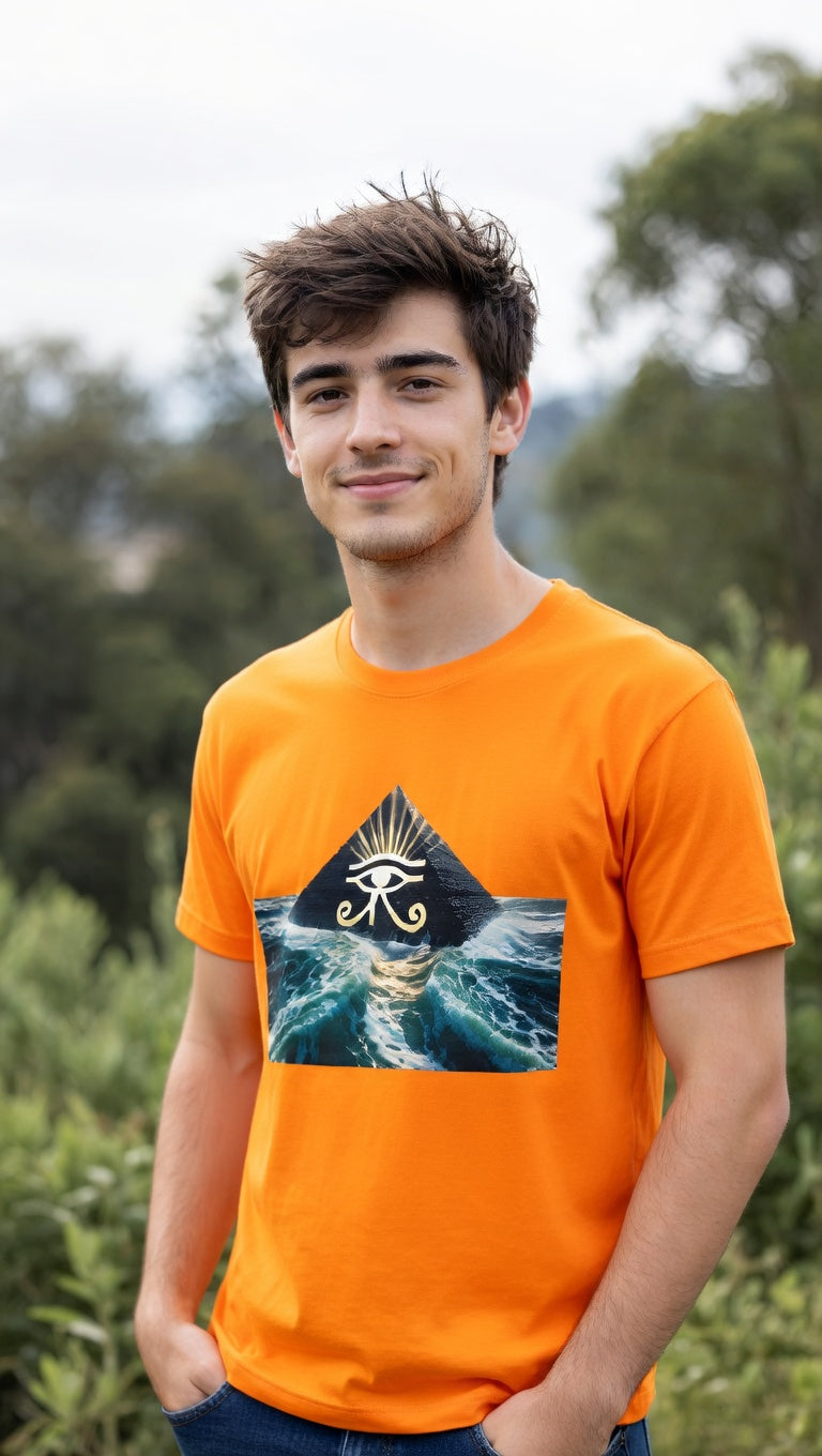 Man wearing orange Eye of Horus Pyramid sacred geometry t-shirt in nature, spiritual awakening and energy protection clothing