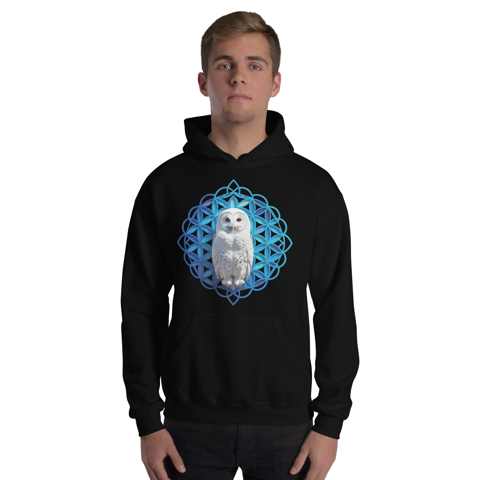 Blue Owl Sacred Geometry Hoodie | Flower Of Life Pattern Heavy Blend