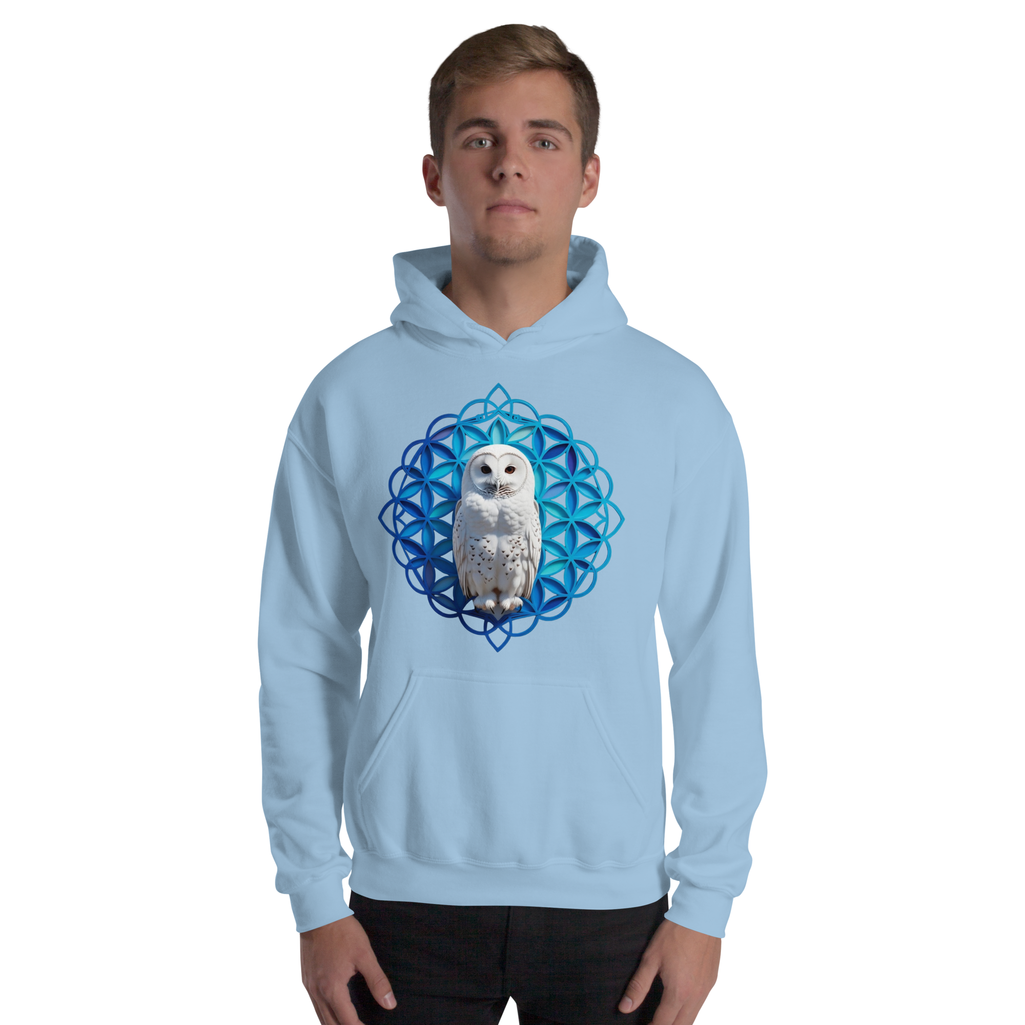 Blue Owl Sacred Geometry Hoodie | Flower Of Life Pattern Heavy Blend