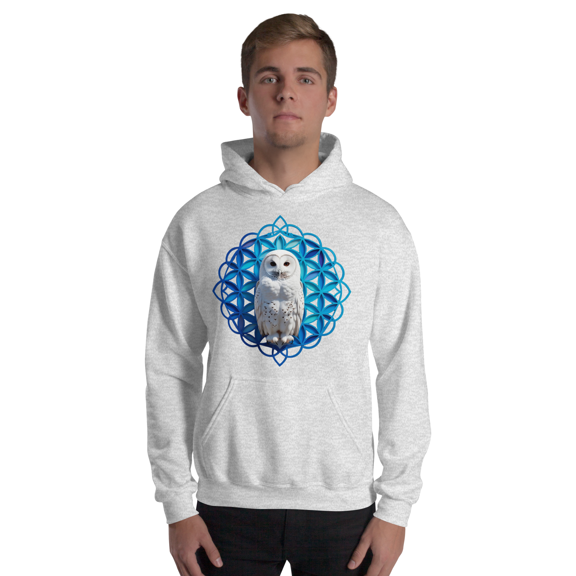 Blue Owl Sacred Geometry Hoodie | Flower Of Life Pattern Heavy Blend