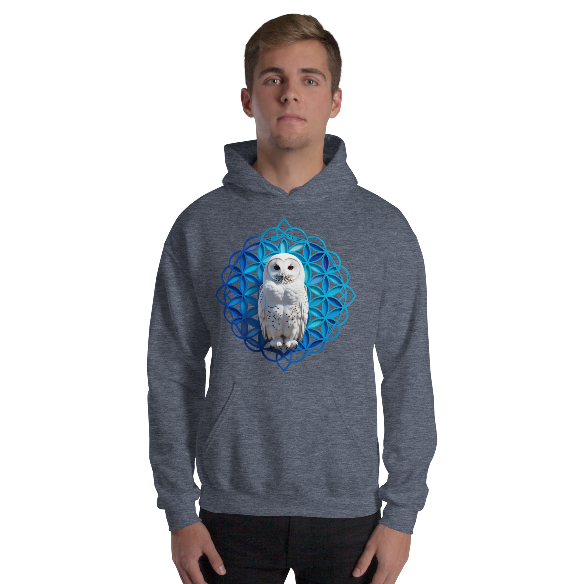 Blue Owl Sacred Geometry Hoodie | Flower Of Life Pattern Heavy Blend
