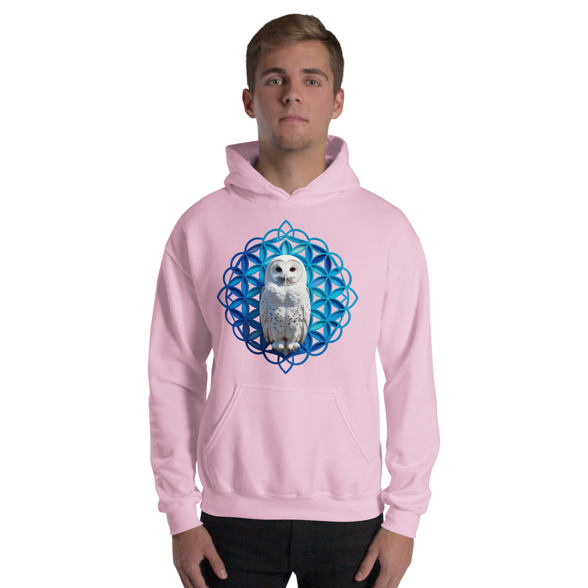 Blue Owl Sacred Geometry Hoodie | Flower Of Life Pattern Heavy Blend