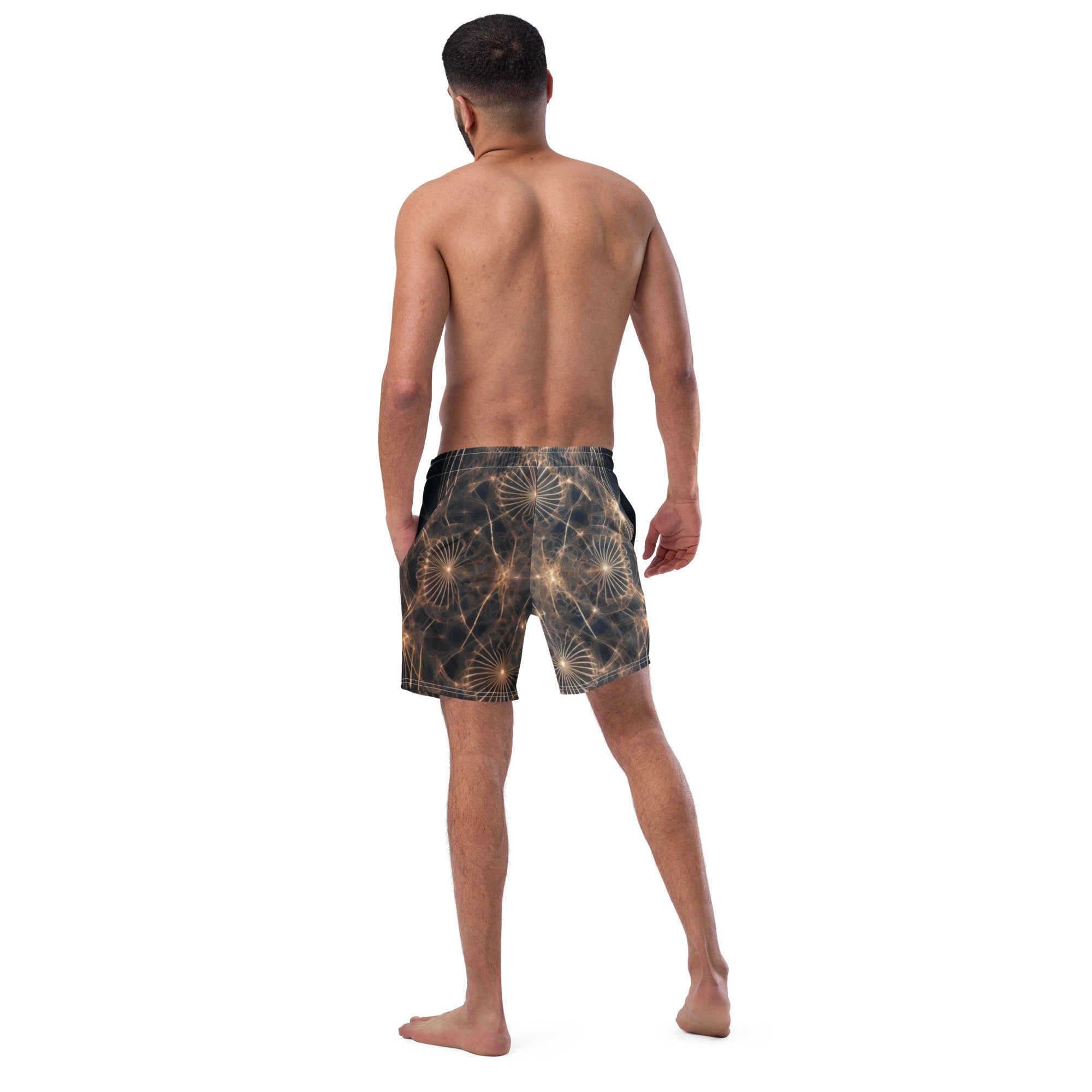 Side and back view of Cymatics Swim Trunks showing fit and pattern detail