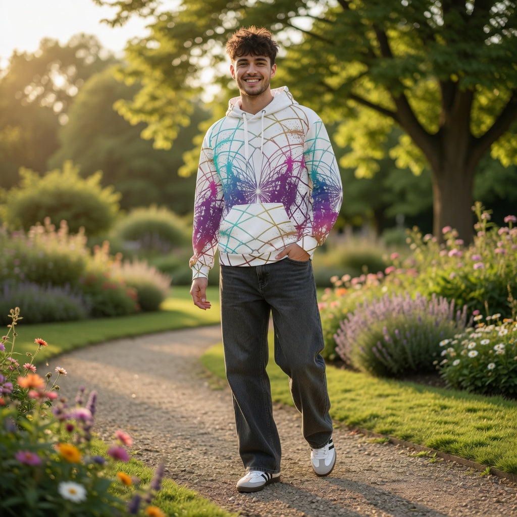Young man smiling while walking through beautiful flower garden at golden hour wearing white multicolored Heart Sacred Geometry Cymatics hoodie, spiritual conscious fashion lifestyle