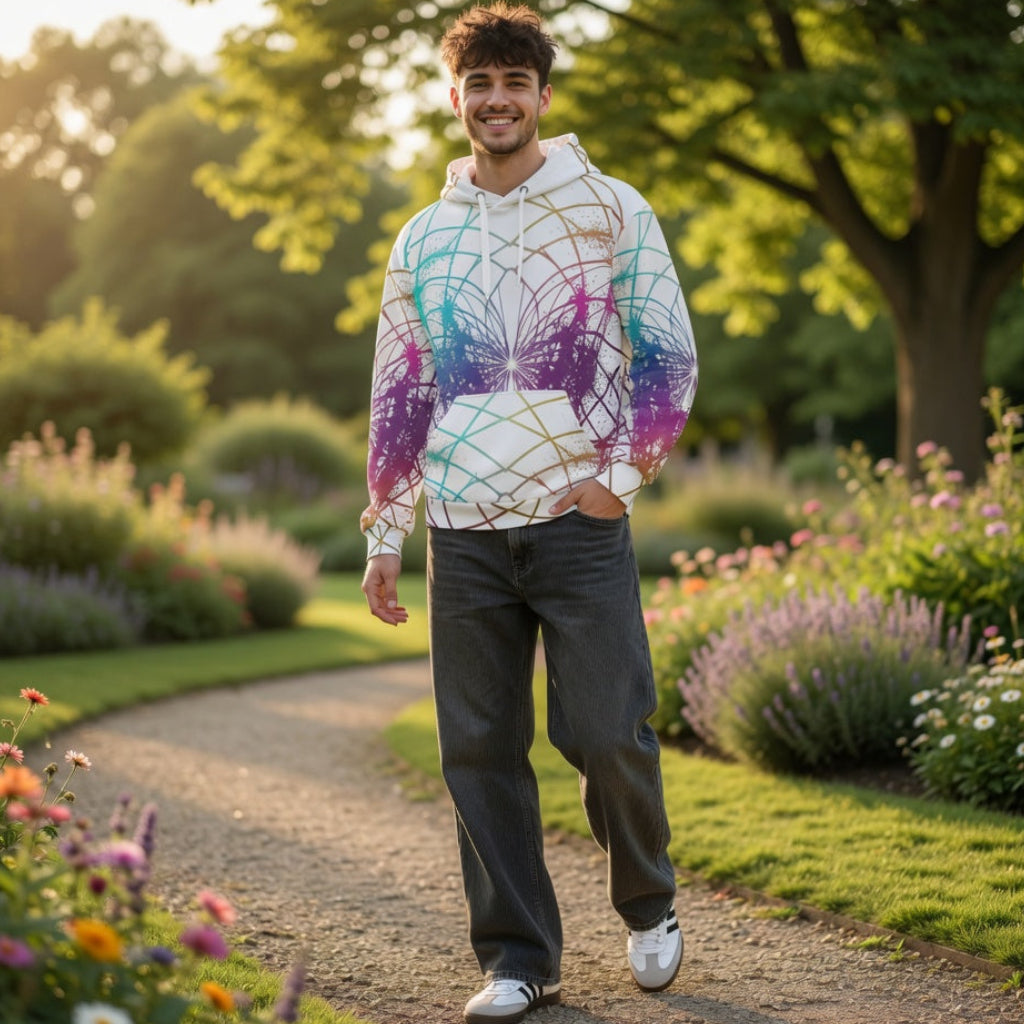 Young man smiling while walking through beautiful flower garden at golden hour wearing white multicolored Heart Sacred Geometry Cymatics hoodie, spiritual conscious fashion lifestyle