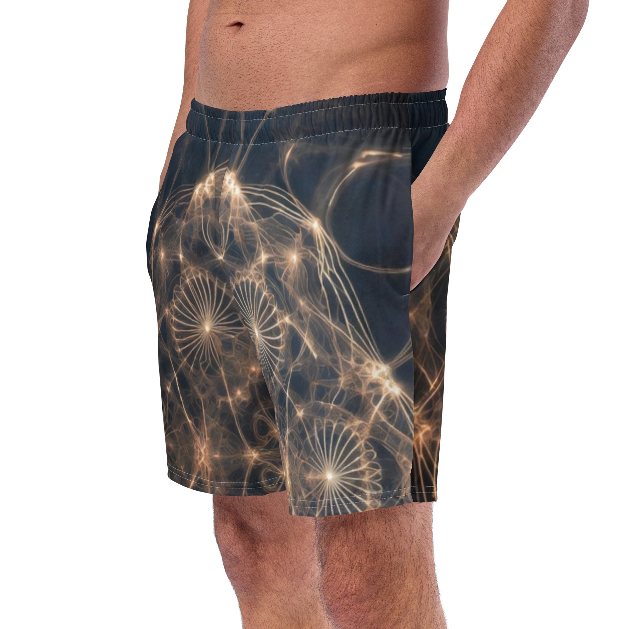 Close-up of golden cymatics sacred geometry pattern on recycled swim trunks