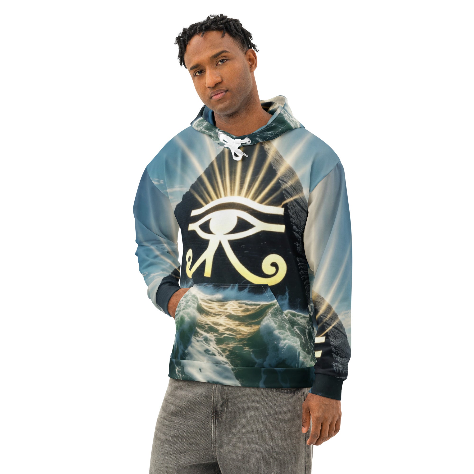 All over print eye of Horus pyramid hoodie, with ocean parting around the hoodie
