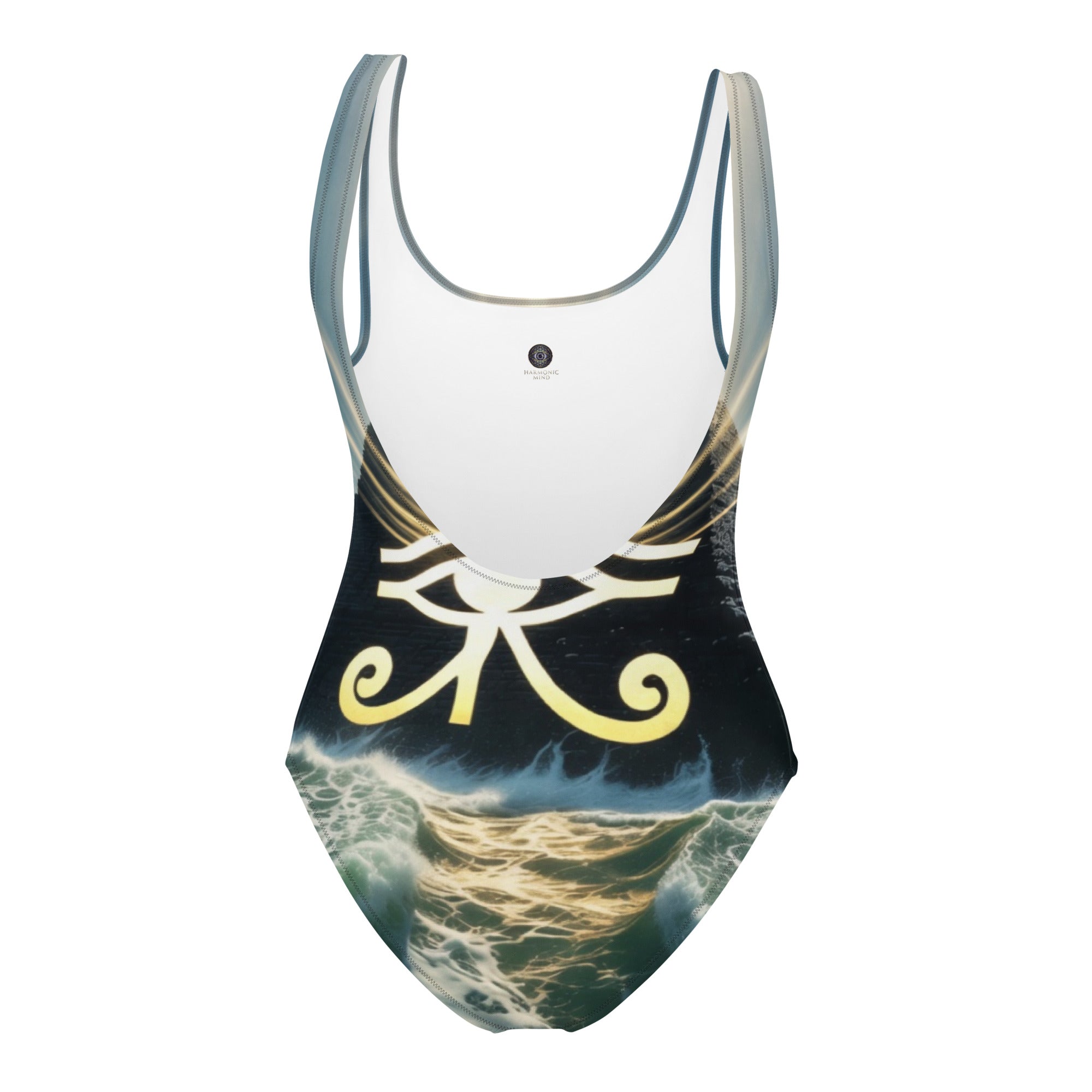 rear view low cut back one piece lady's swimsuit spiritual apparel pyramid eye of horus 