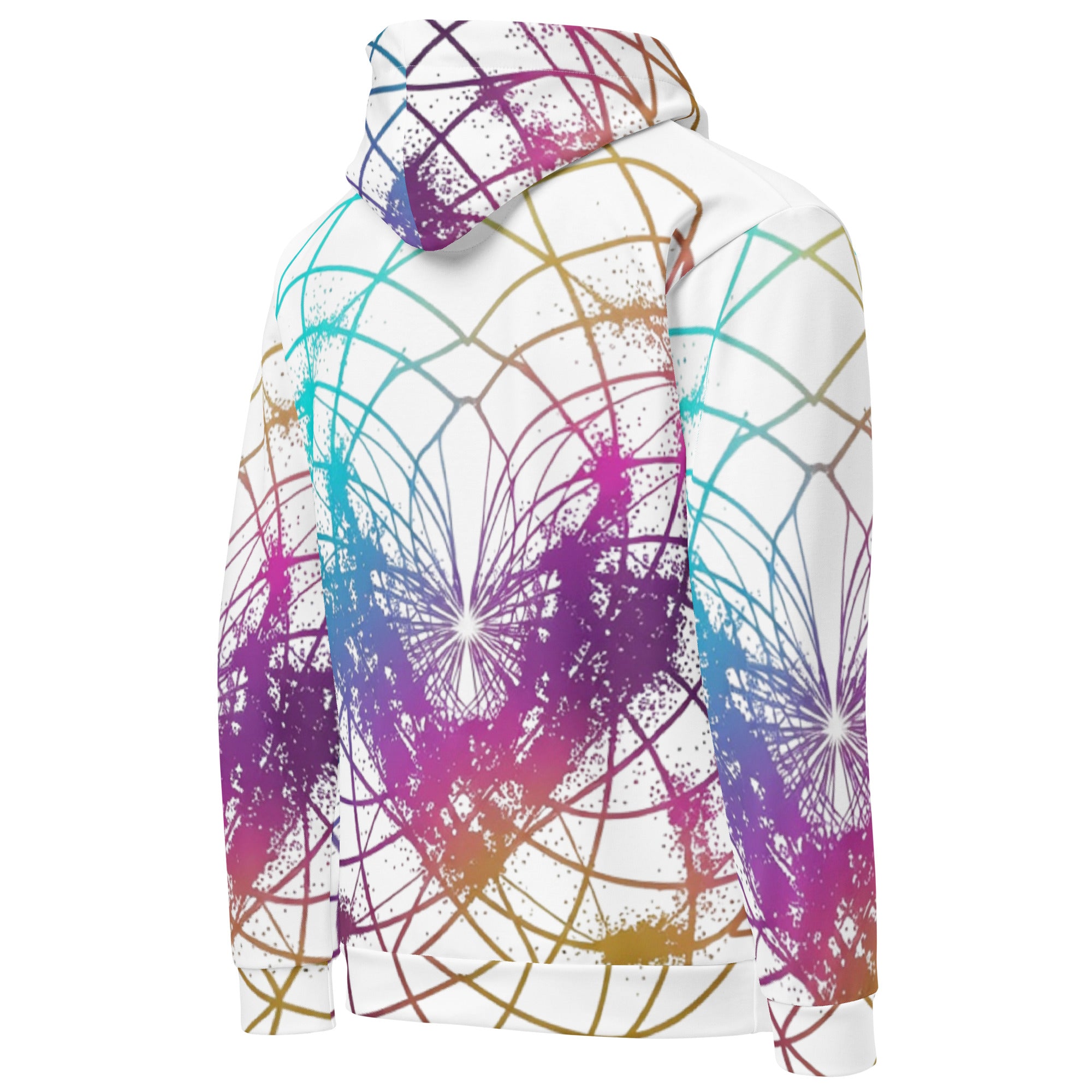 Close-up detail of glowing heart-shaped cymatics sacred geometry pattern on unisex hoodie