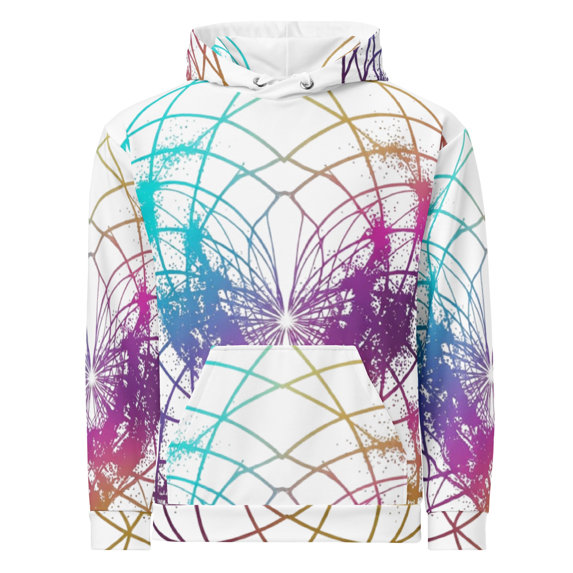 Flat lay of Cymatics Heart Sacred Geometry Unisex Hoodie displaying the intricate colorful mandala design