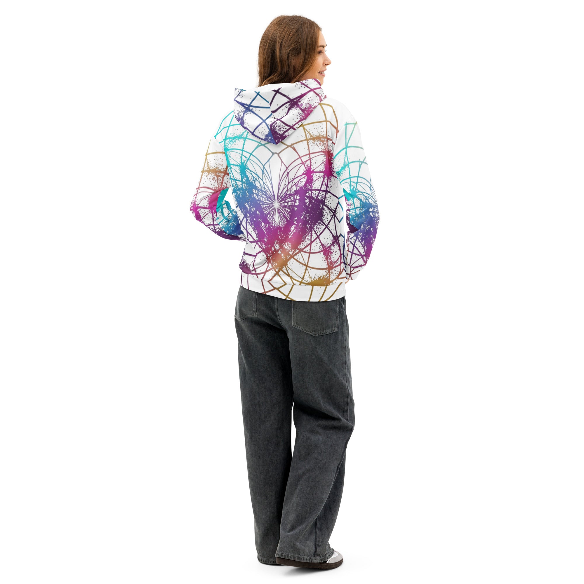 Back view of Cymatics Heart Sacred Geometry Unisex Hoodie showing full all-over heart cymatics pattern