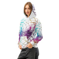 Woman wearing Cymatics Heart Sacred Geometry Unisex Hoodie with colorful glowing heart cymatics pattern, front view
