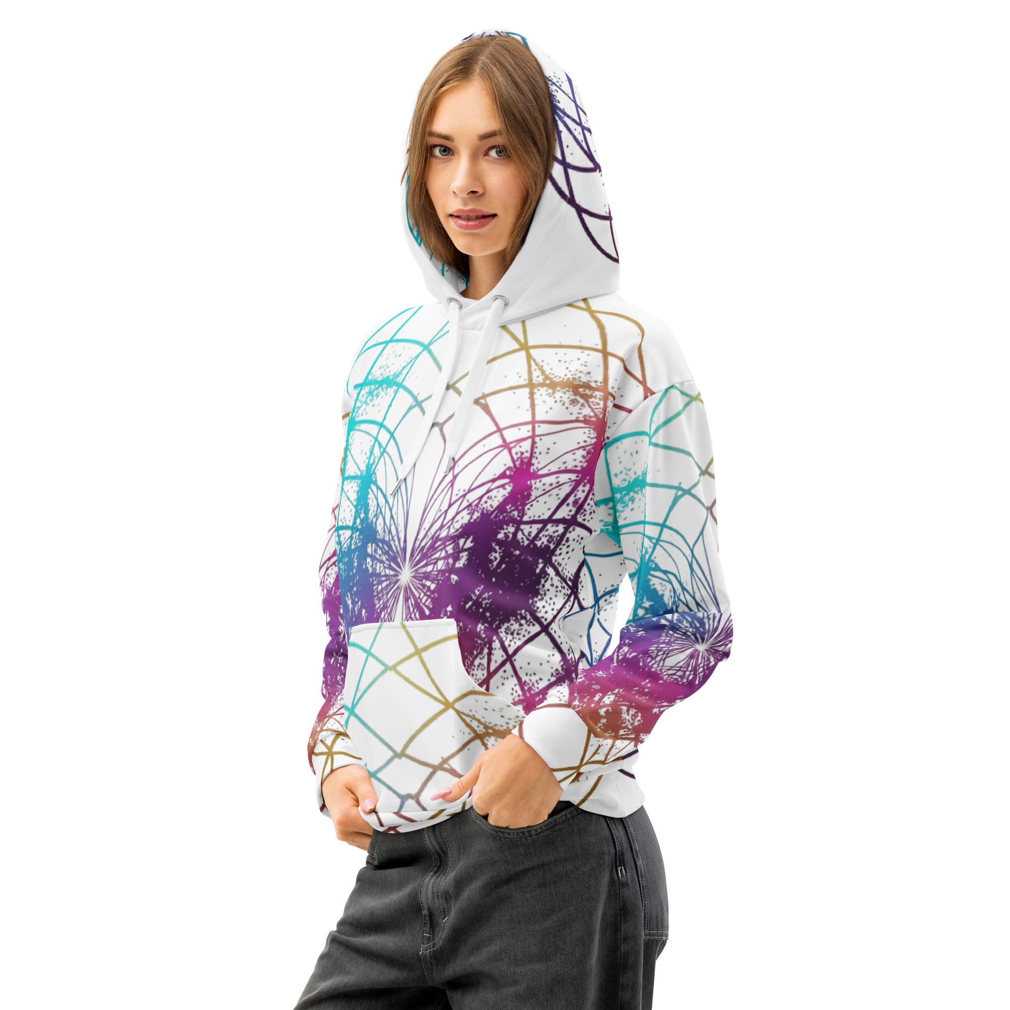 Woman wearing Cymatics Heart Sacred Geometry Unisex Hoodie with colorful glowing heart cymatics pattern, front view