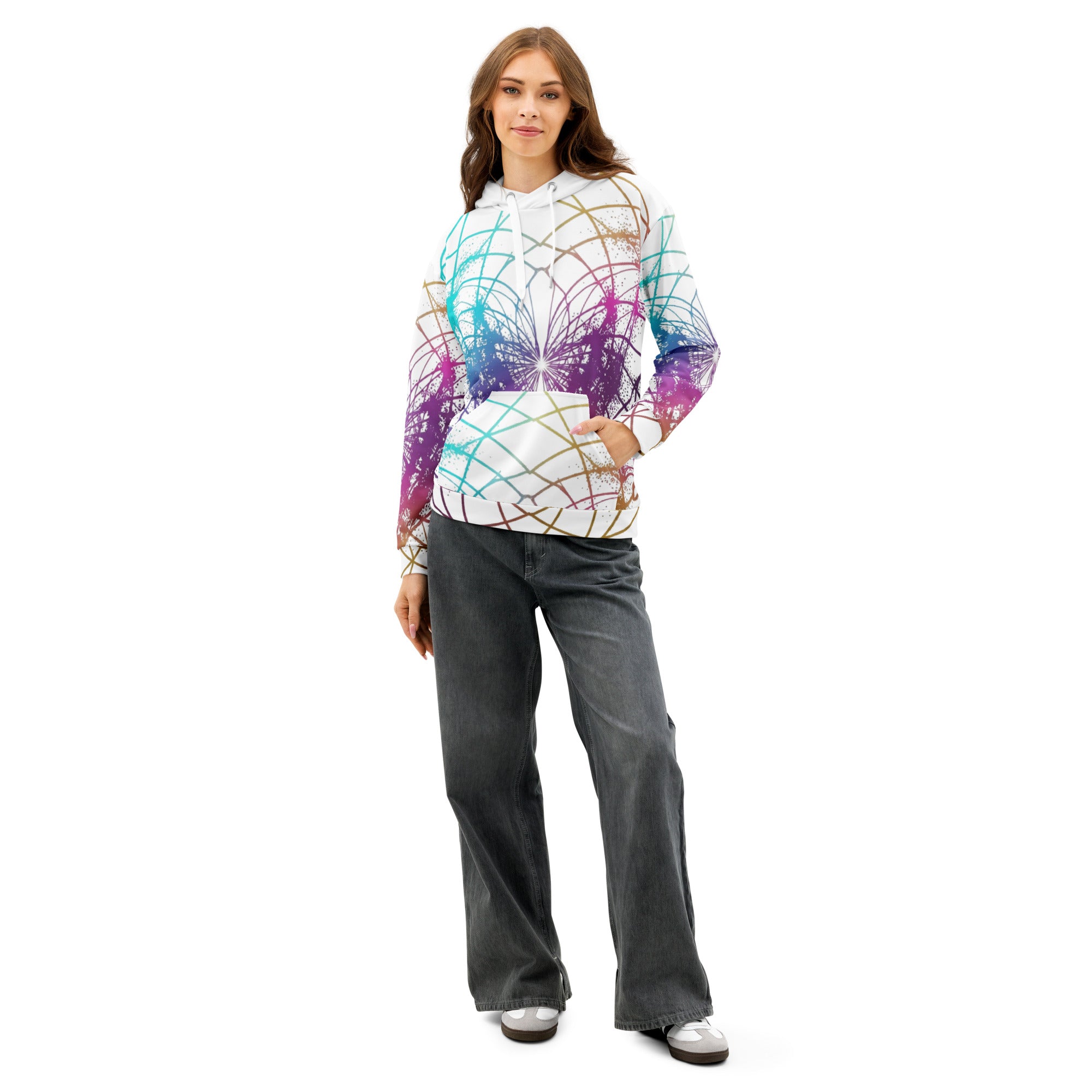 Full body view of woman wearing Cymatics Heart Sacred Geometry Unisex Hoodie in artistic pose