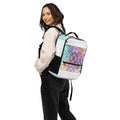 Woman wearing Cymatics Sacred Geometry Utility Backpack cymatics crystalline formation mandala pattern, side view