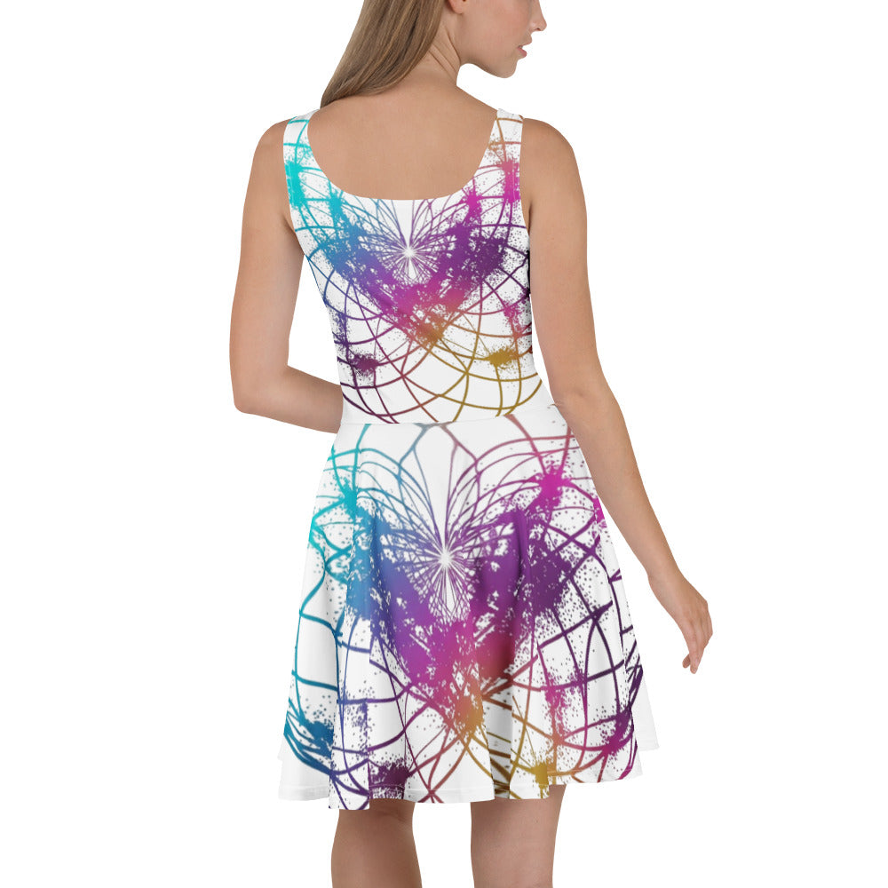 Back view of woman wearing Cymatics Mandala Dress displaying full all-over cymatics pattern