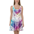 Woman wearing Cymatics Mandala Skater Dress with colorful all-over cymatics sacred geometry pattern, full body view