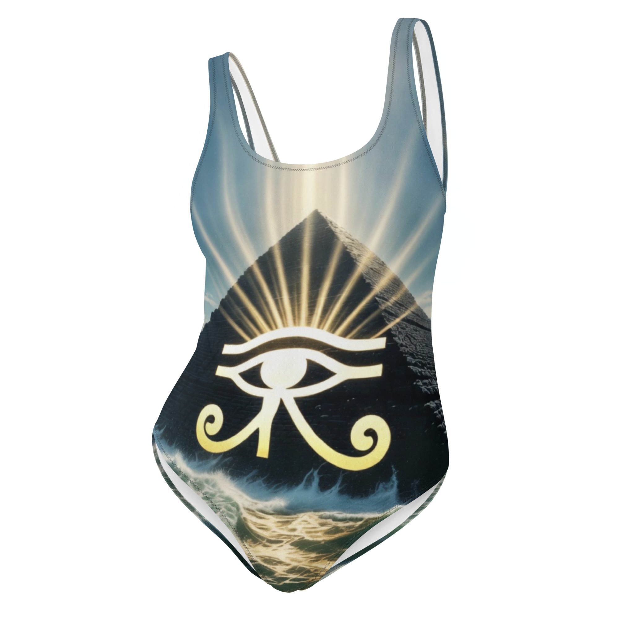 Flat lay of Eye of Horus Pyramid One-Piece Swimsuit showing full sacred geometry pattern