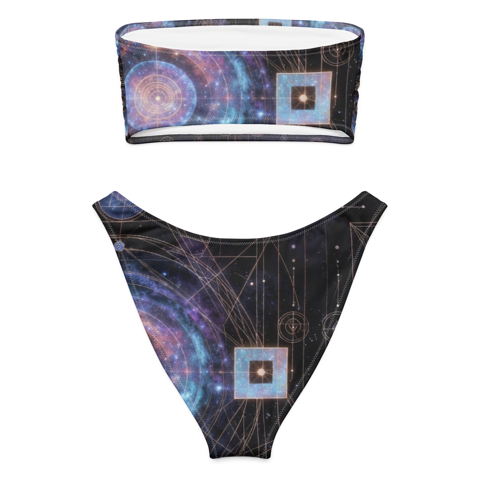 Close-up of high-leg V-cut bikini bottom with galaxy sacred geometry cosmic pattern