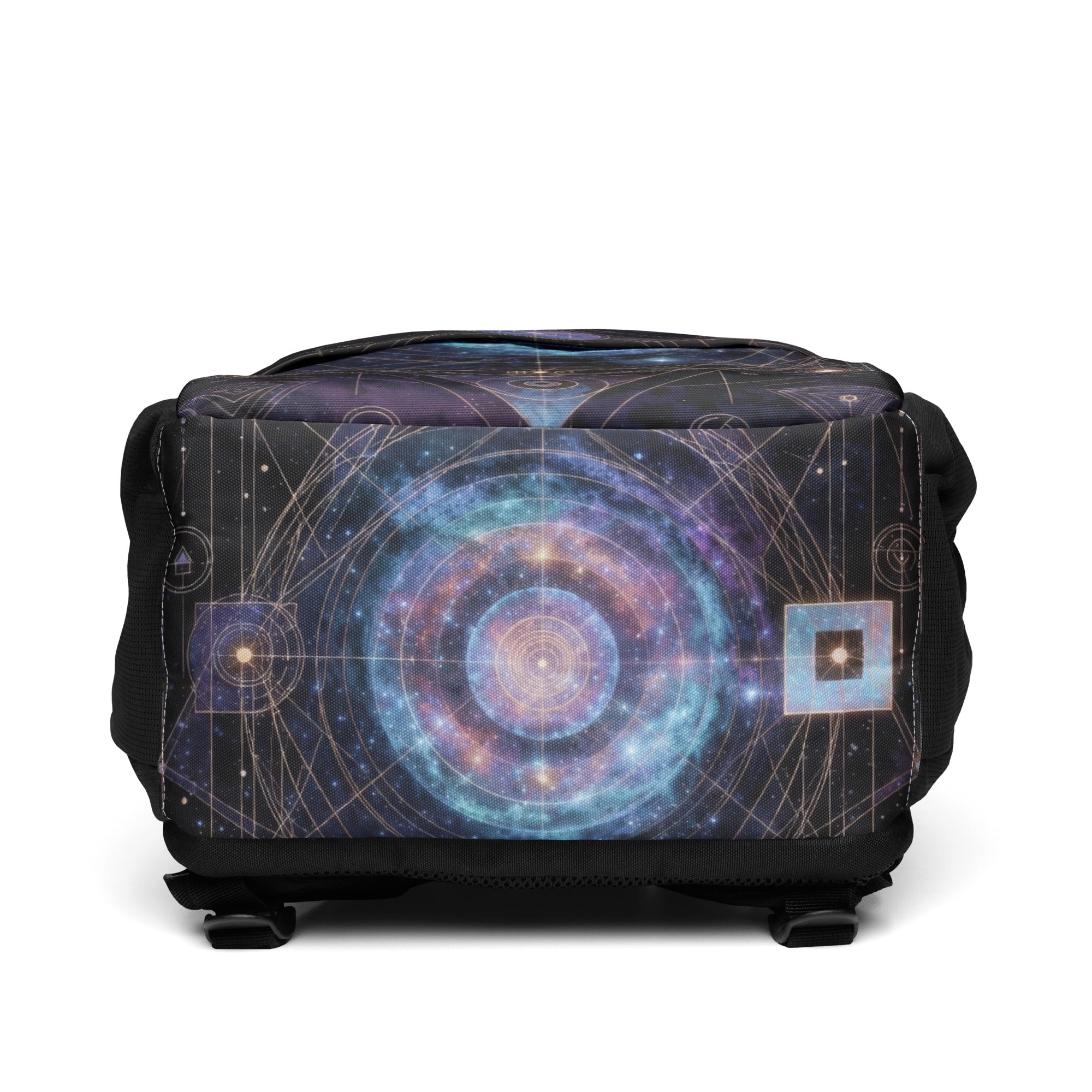 Bottom angle of Galaxy Sacred Geometry Utility Backpack showing cosmic mandala design and compact size