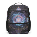 Galaxy Sacred Geometry Utility Backpack with cosmic mandala and galactic pattern, front view on model