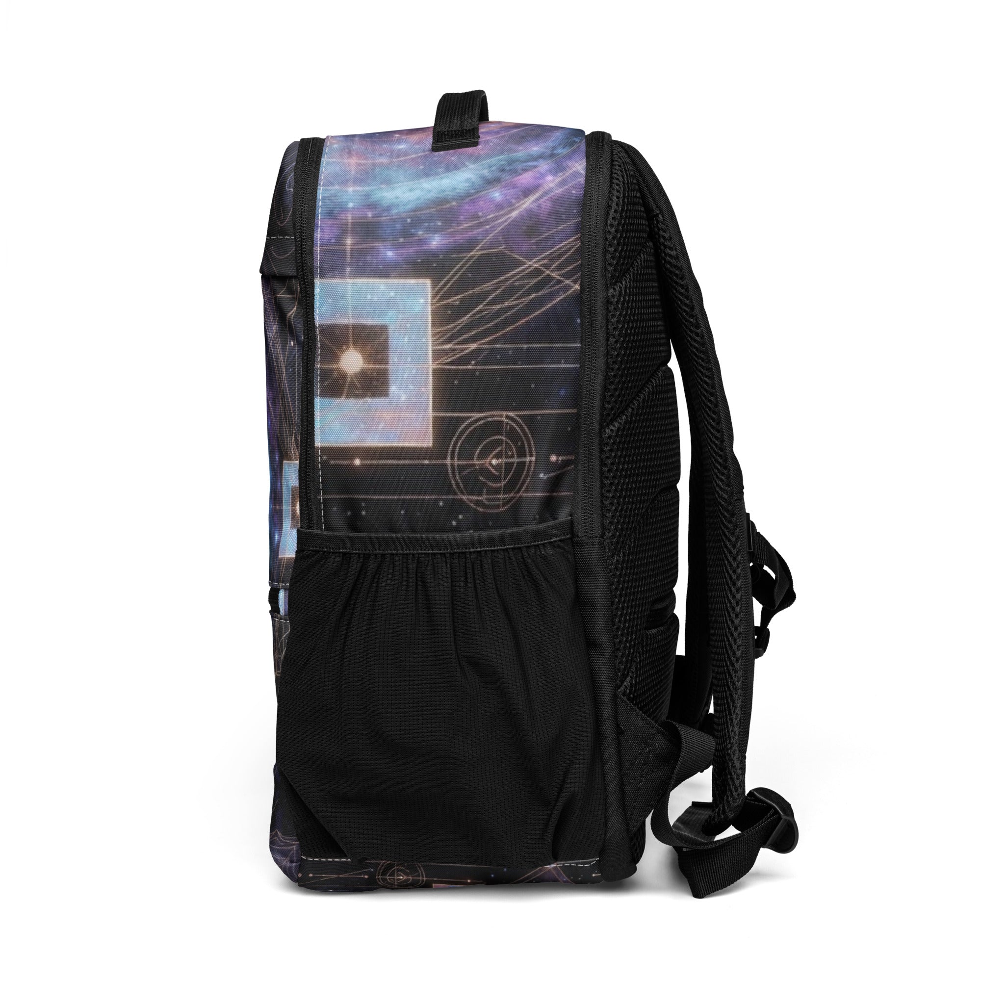 Backpack with space-themed design on a white background, side view