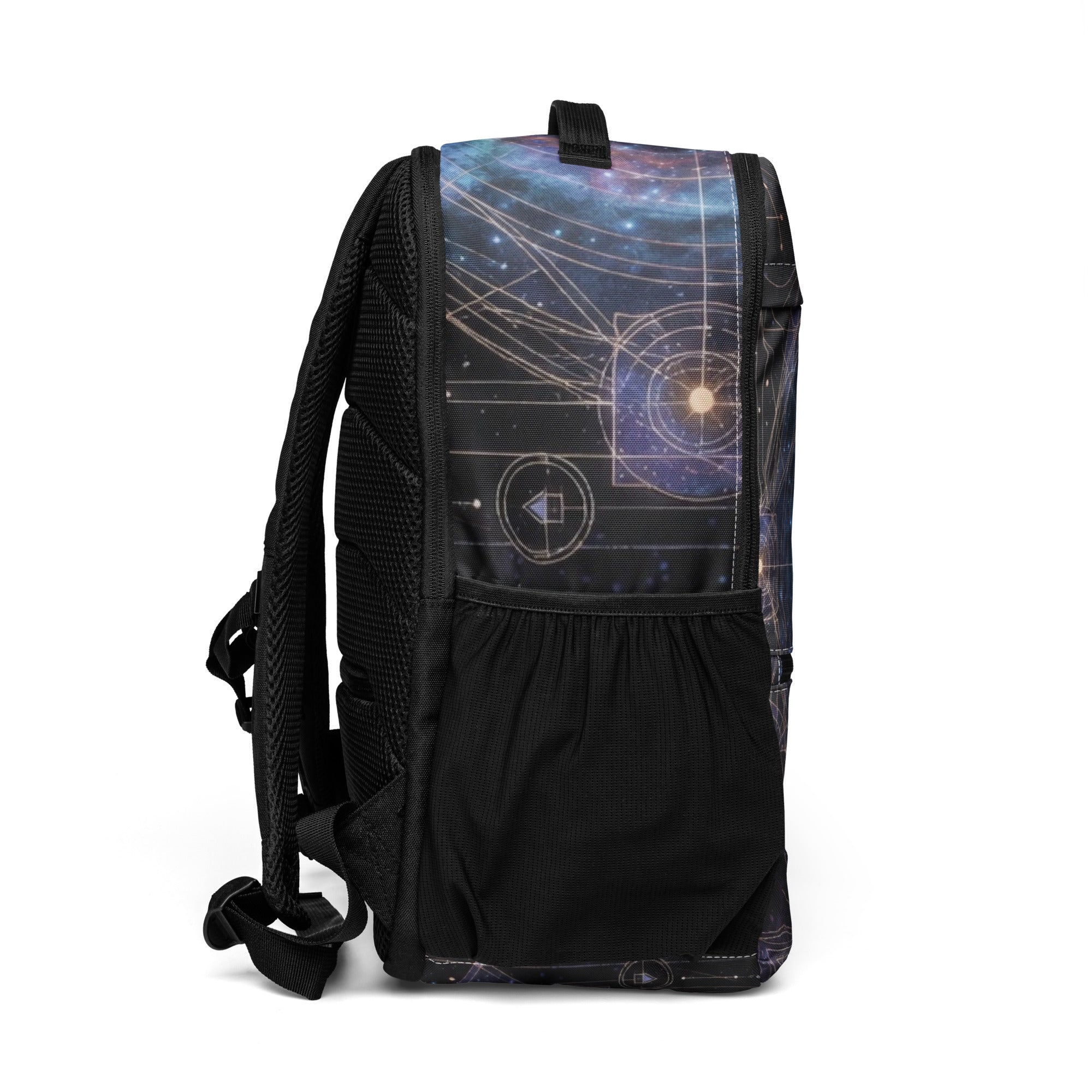 Black backpack with a geometric  space design on a white background