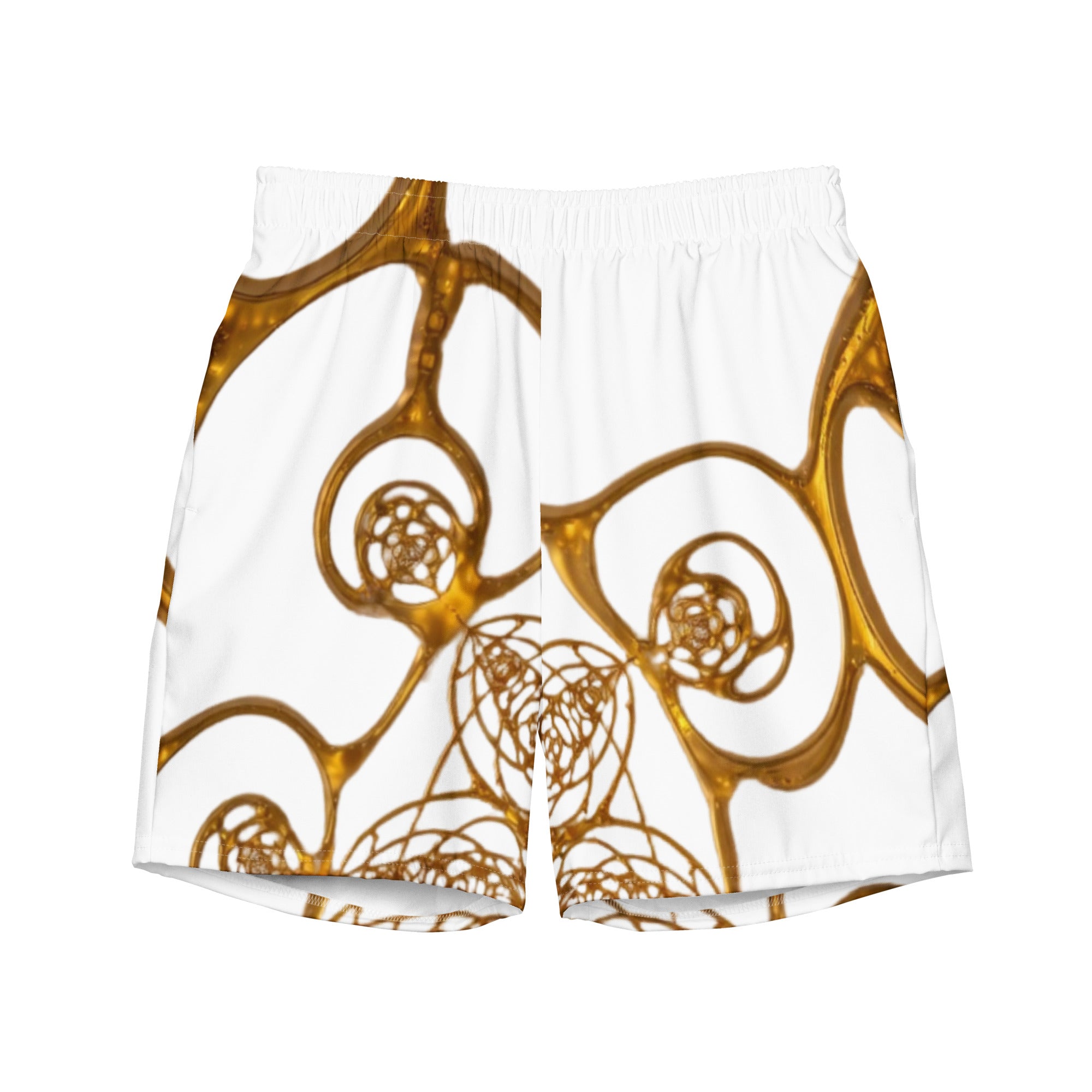 Detail of golden cymatics sacred geometry design on recycled swim trunks