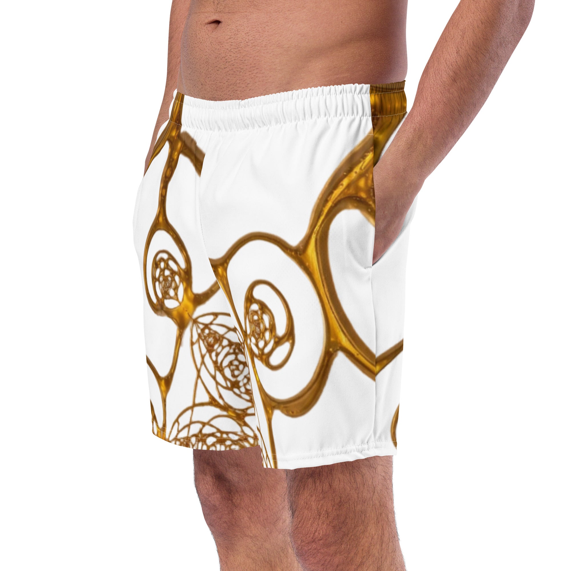 Side view of Golden Cymatics Swim Trunks showing fit and golden vibration pattern