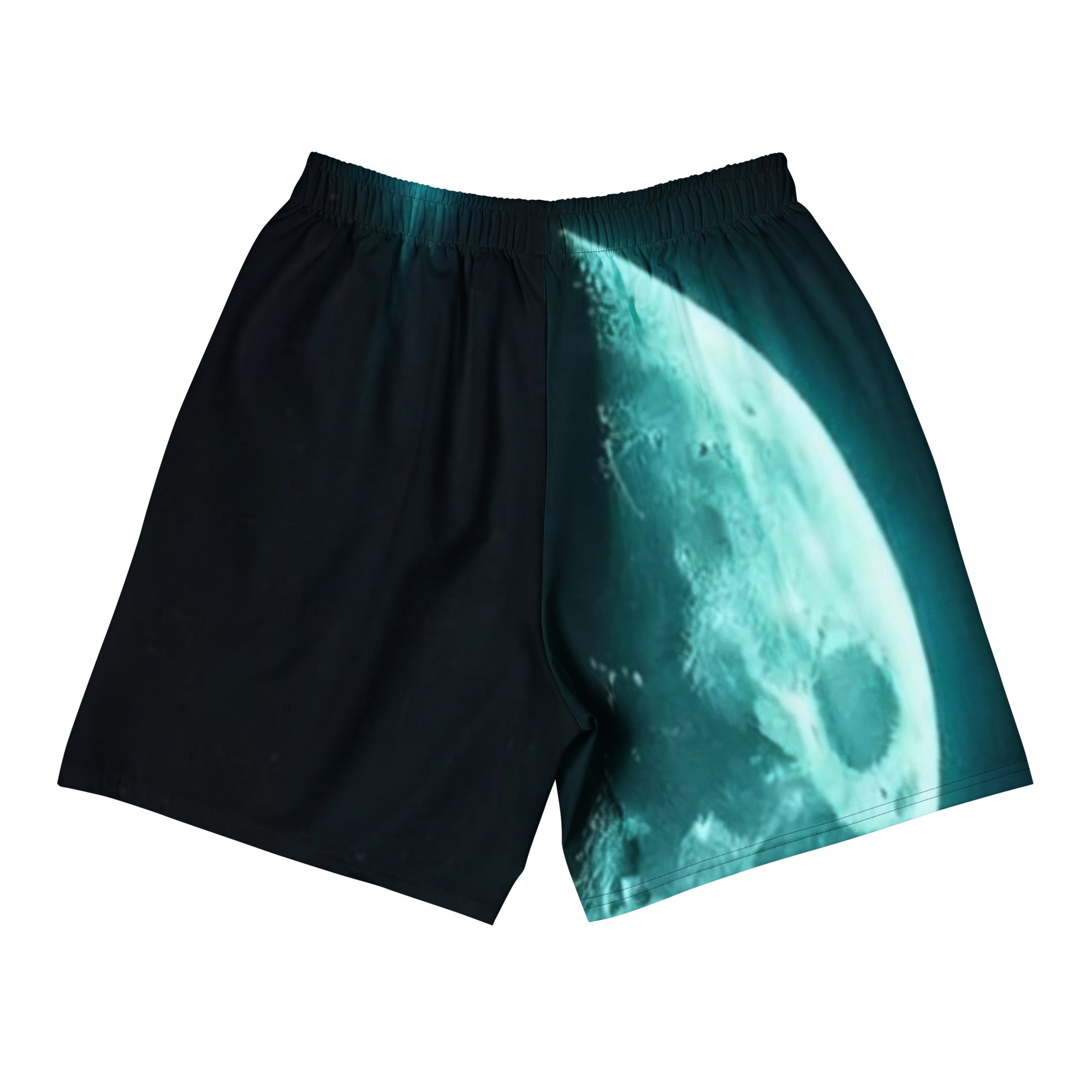 Flat lay of Moon Symbol Athletic Long Shorts showing teal glowing moon sacred symbol on black fabric