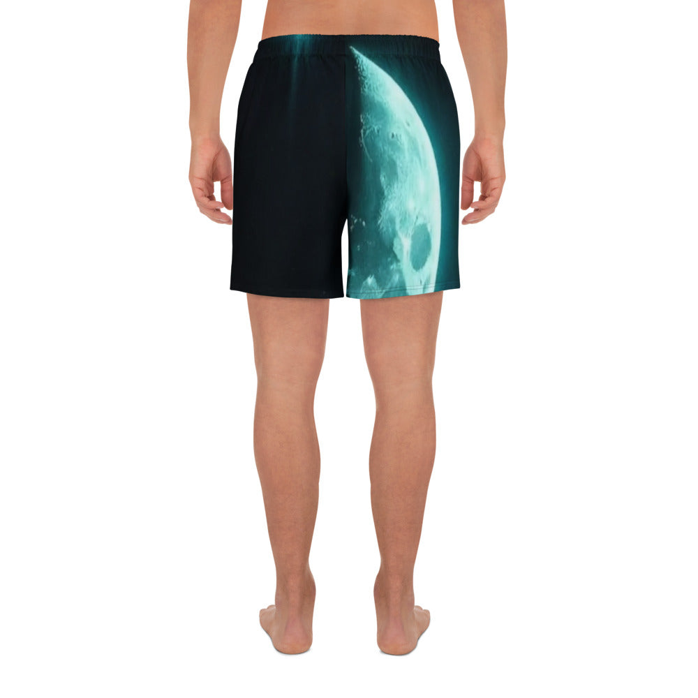 Back view of Moon Symbol Athletic Long Shorts displaying lunar force design
