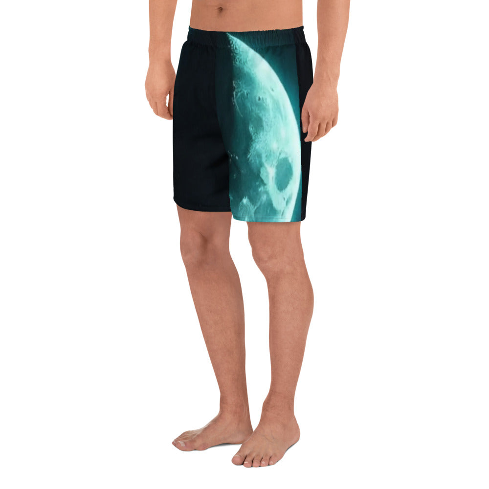 Side view of man wearing Moon Symbol Athletic Long Shorts highlighting fit and moon design