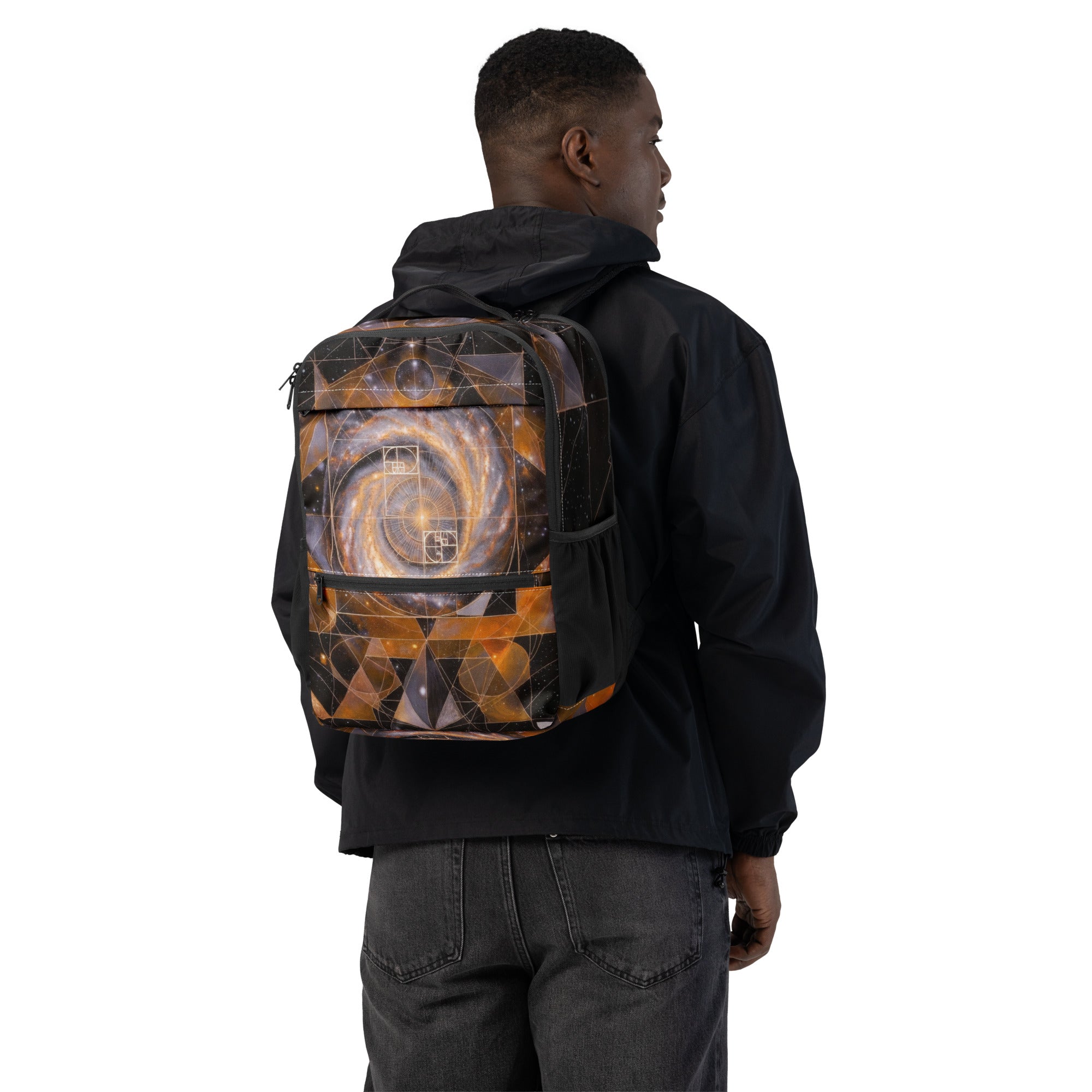 Man wearing Orange Sacred Geometry Galaxy Utility Backpack with cosmic mandala and galactic pattern on back