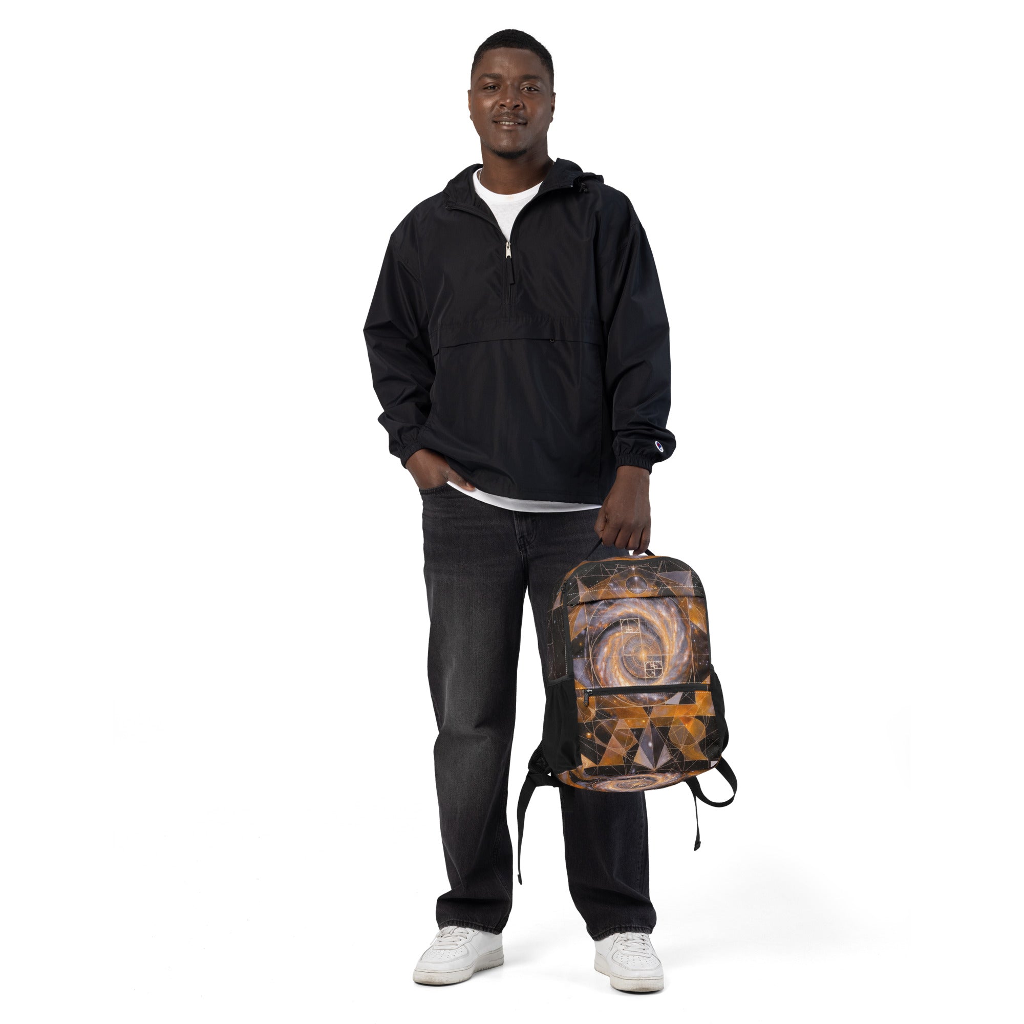 Front view of man wearing Orange Sacred Geometry Galaxy Utility Backpack showing full galactic sacred geometry design