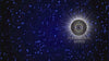 Pulsing Harmonic Mind Logo With Flower of Life, 8 pointed star, and spiritual eye, with light behind the logo. Logo set amongst moving glowing stars