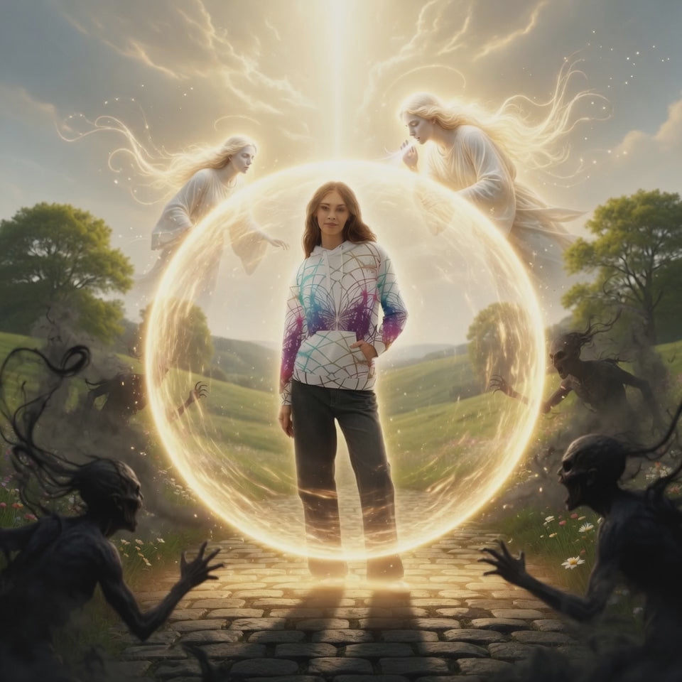 Energy Protection Hoodie, woman walks protected from negative energy wearing a heart shaped cymatics sacred geometry hoodie